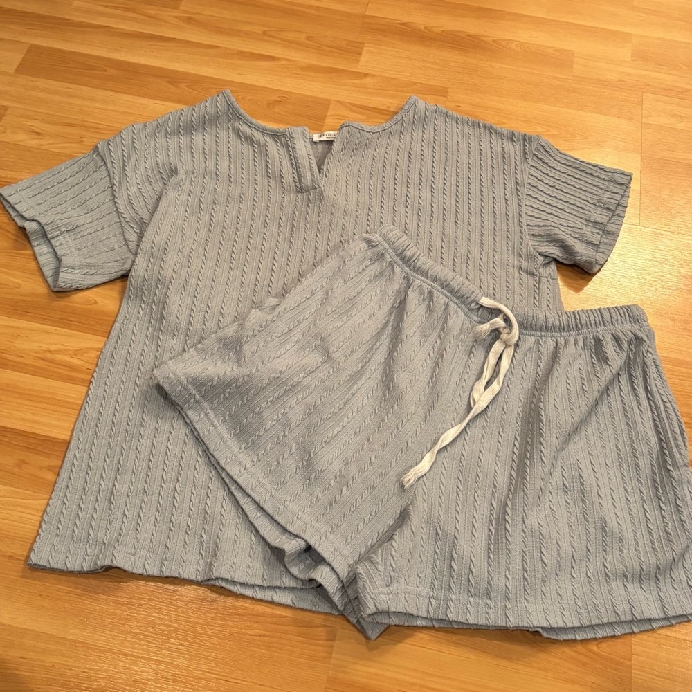 Light Blue Knit Short Sleeve Top & Shorts Set